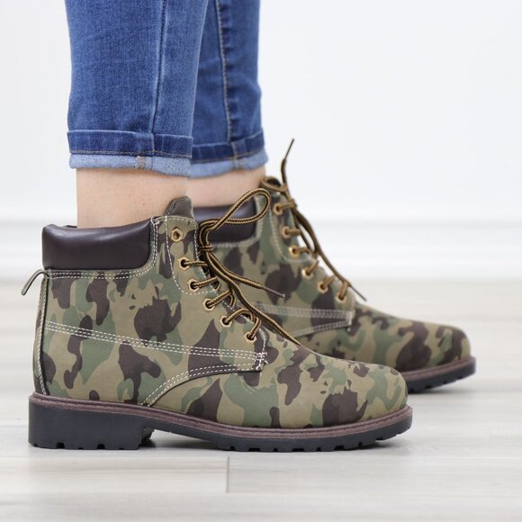 Women's Camouflage Combat Lace-up Ankle Boots Low Heel Casual Short Booties - Picture 4 of 12